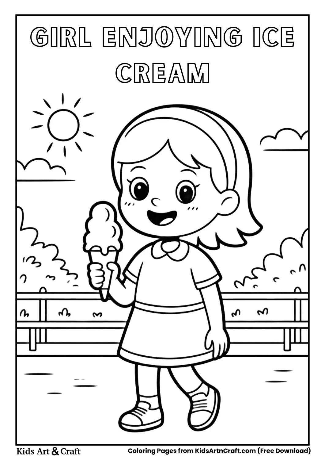 girl eating ice cream coloring page for kids