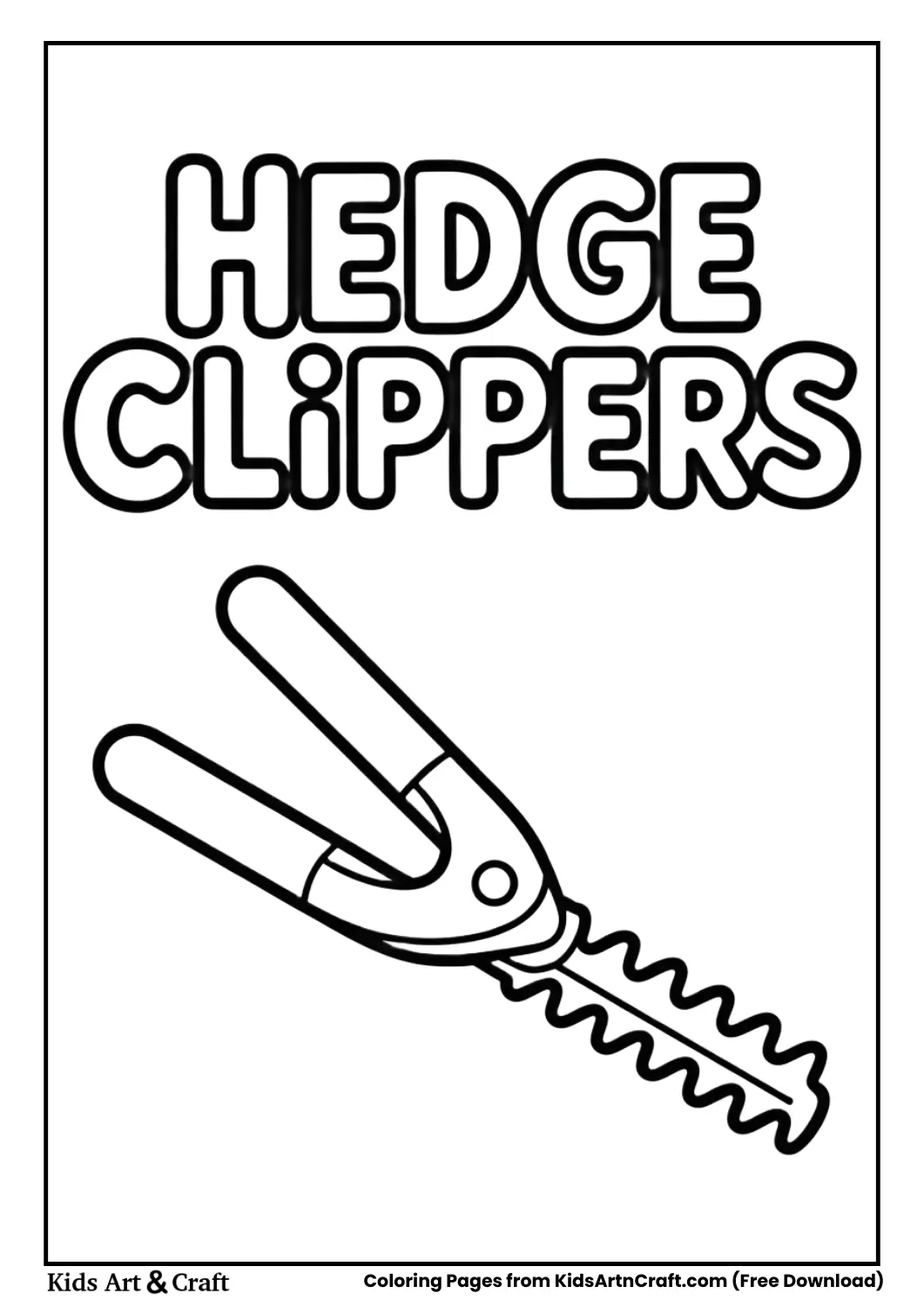 Black and white hedge clippers coloring page with simple bold lines and labeled text