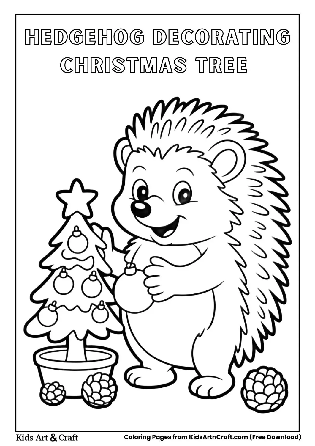Cute hedgehog placing ornaments on small Christmas tree kids coloring page