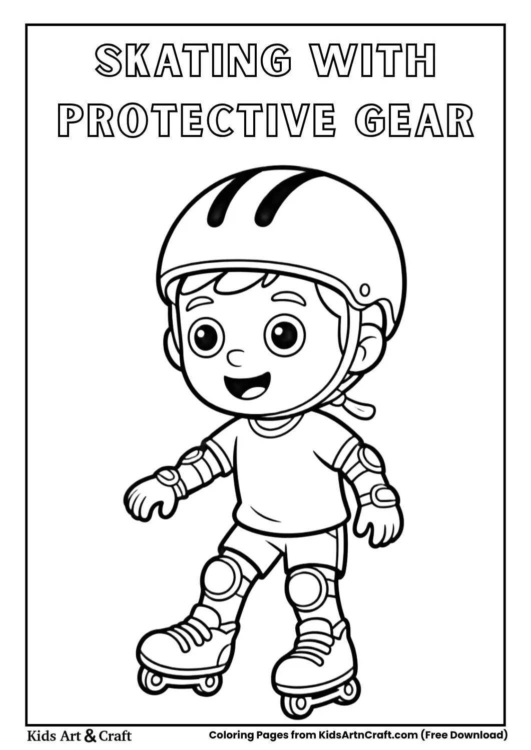 kid wearing helmet and knee pads while skating coloring page