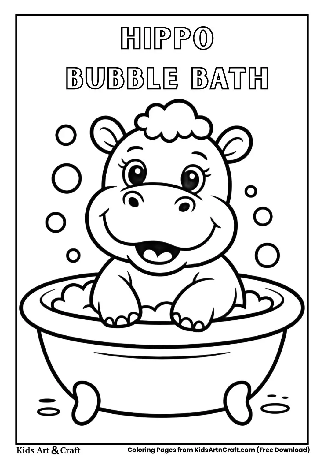 baby hippo sitting in bubbly bathtub coloring page