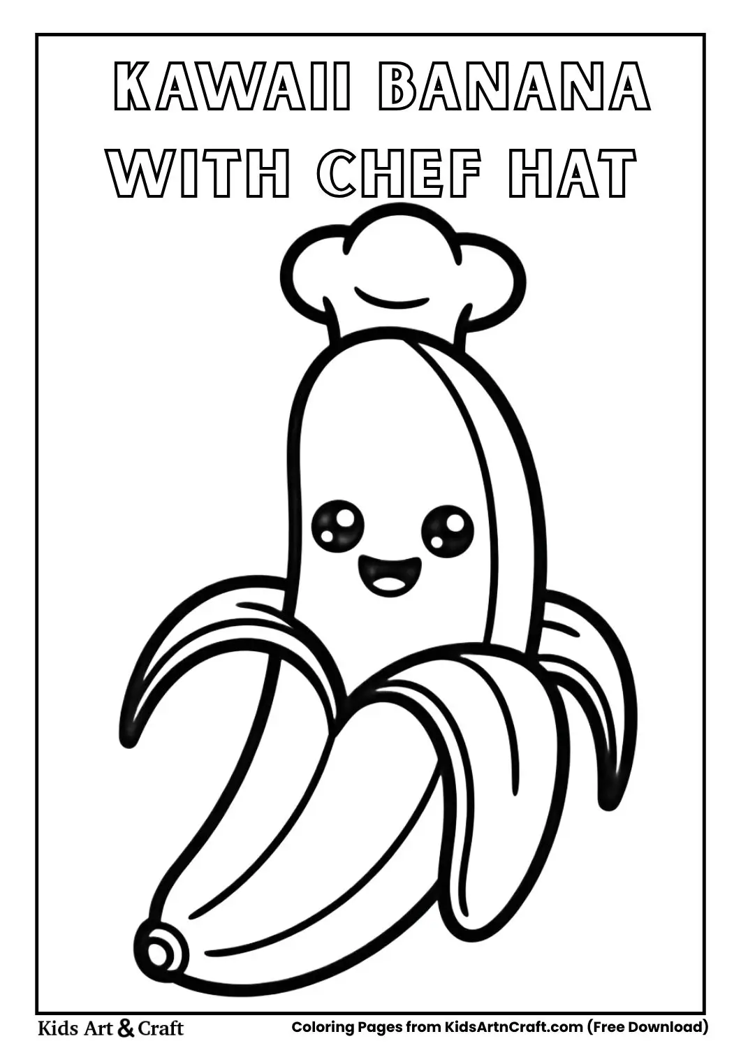 Cute banana with chef hat and smiling face black and white coloring page