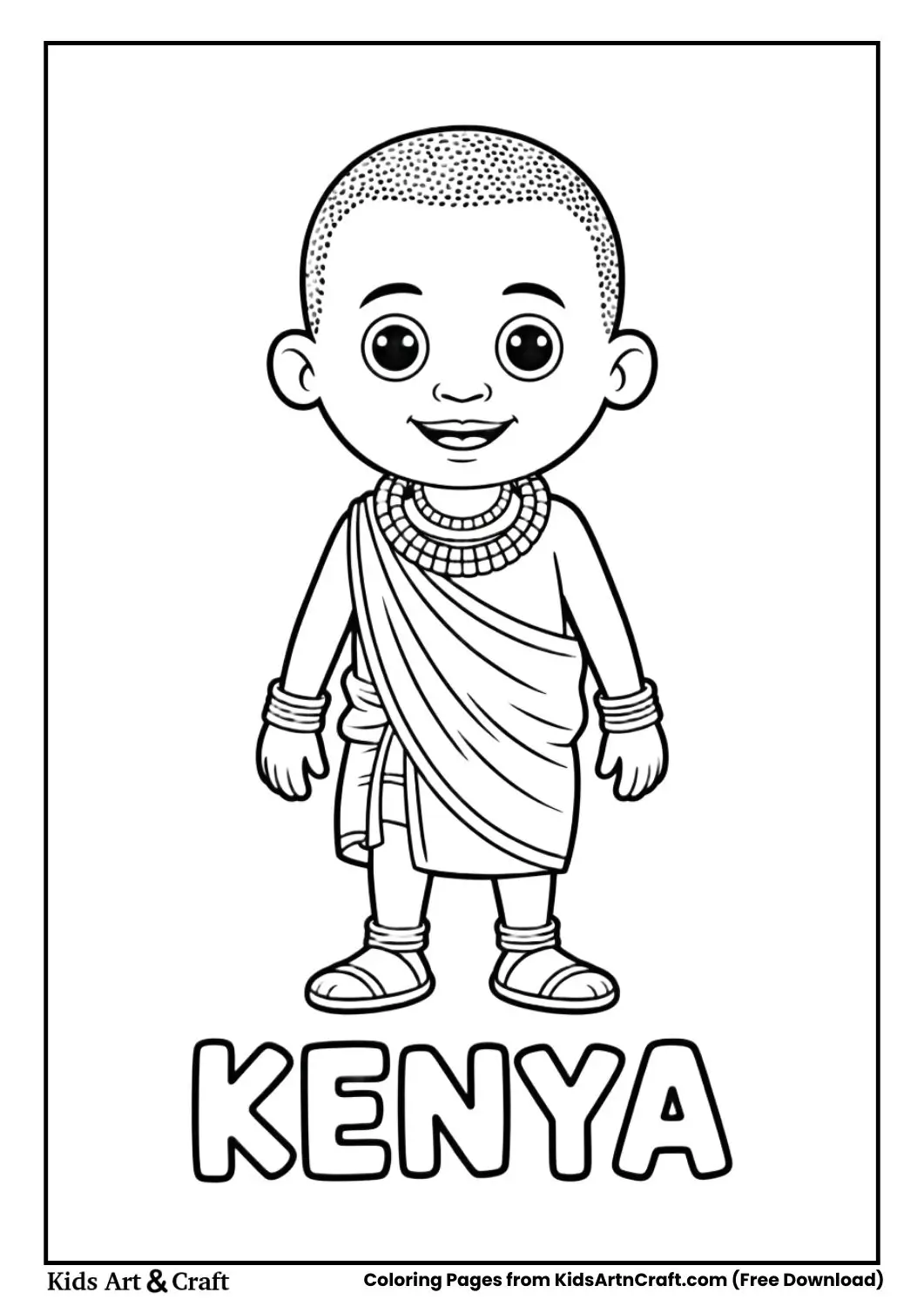 Child wearing Maasai traditional clothing coloring page with country name Kenya