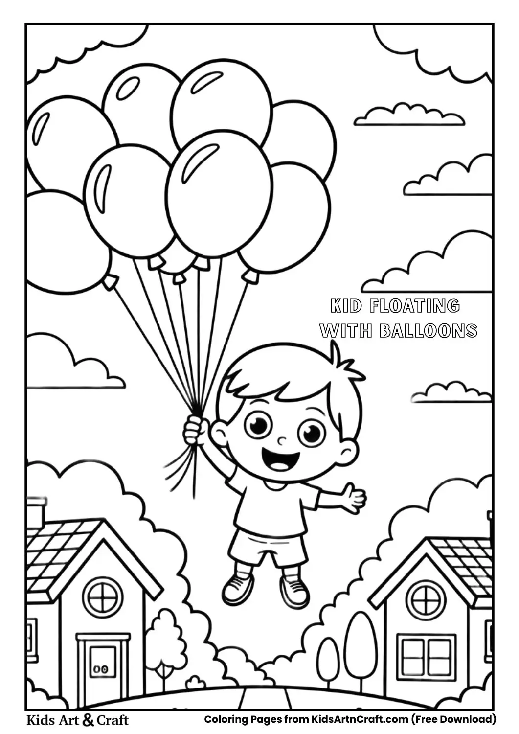 Kid floating in the sky holding many balloons above houses coloring page.
