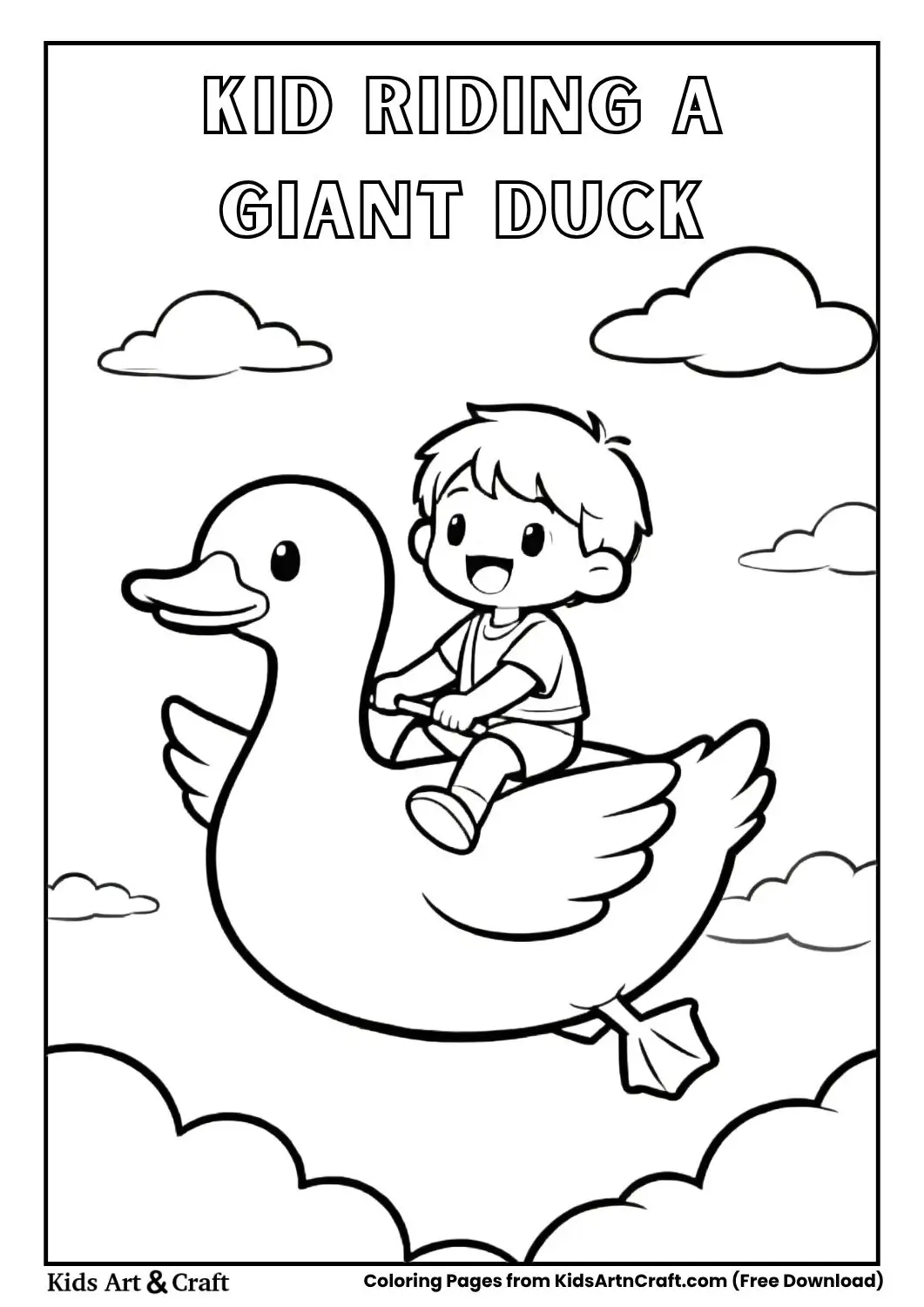 child riding giant duck coloring page black and white cartoon drawing