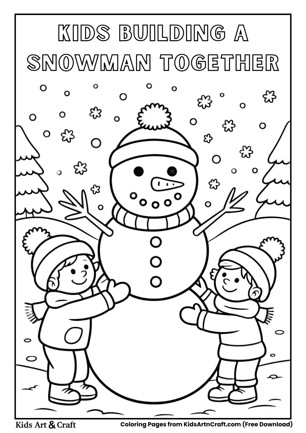 children building a snowman together teamwork coloring page for kids