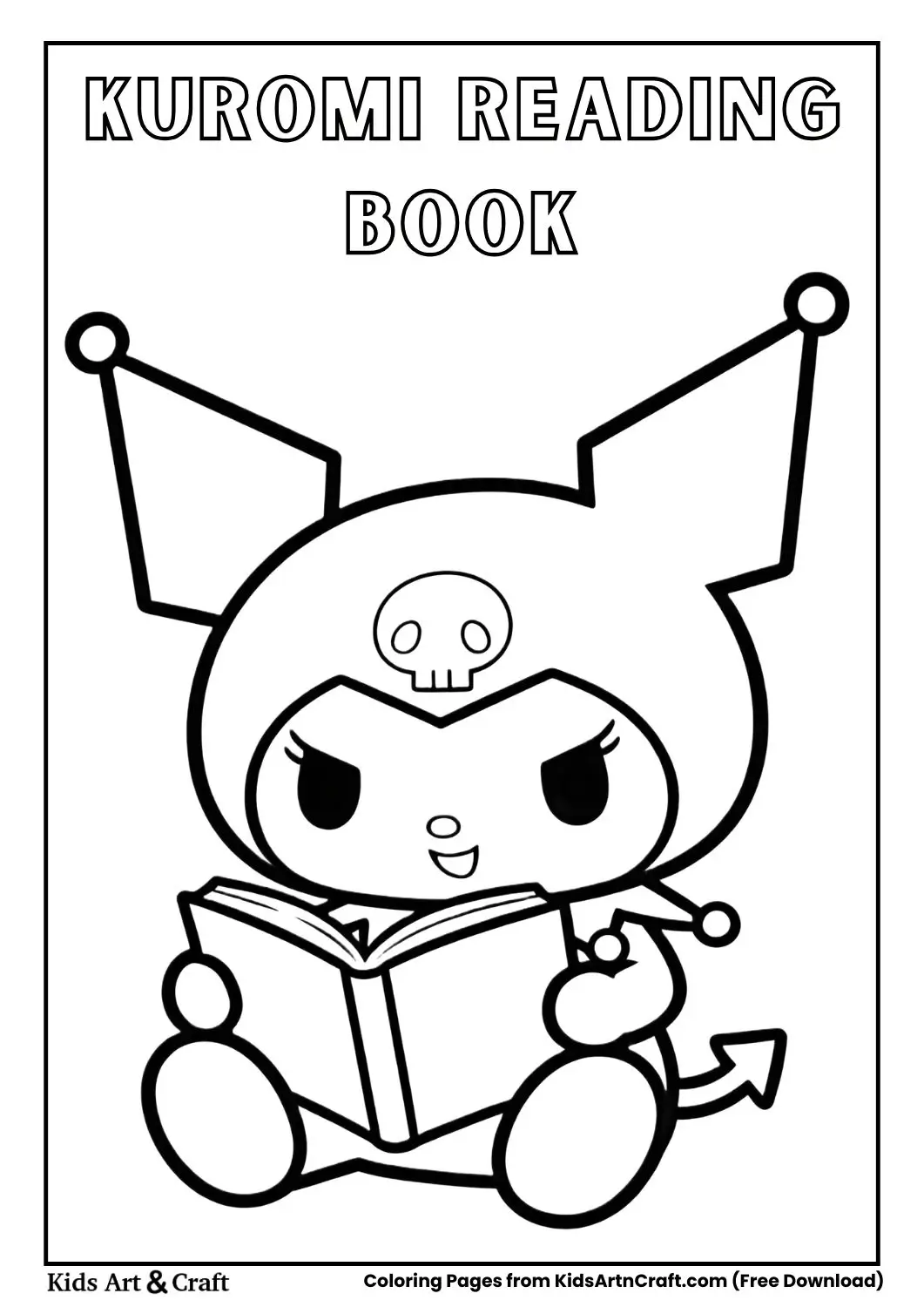 Kuromi reading a book simple black and white coloring sheet