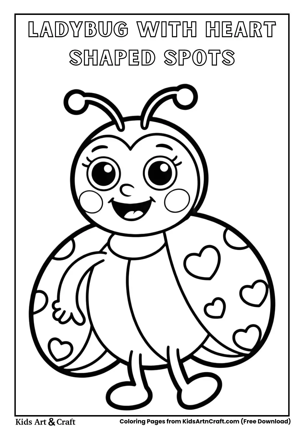 Cute ladybug with heart shaped spots black and white coloring page.
