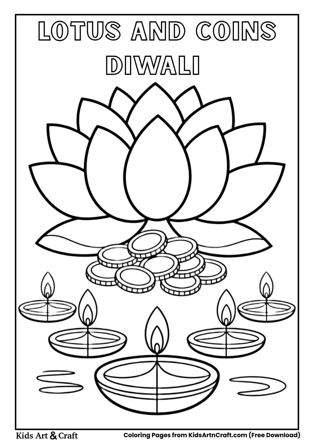 lotus flower with coins and diyas coloring page