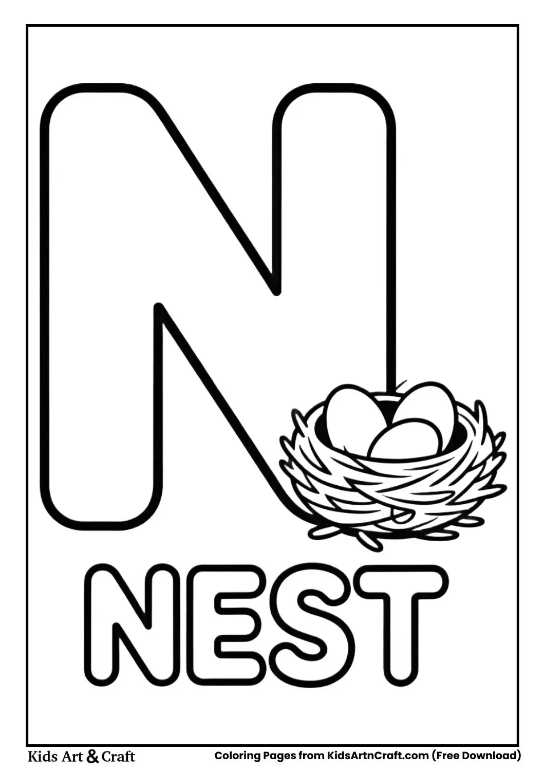 N for Nest coloring page with eggs in nest