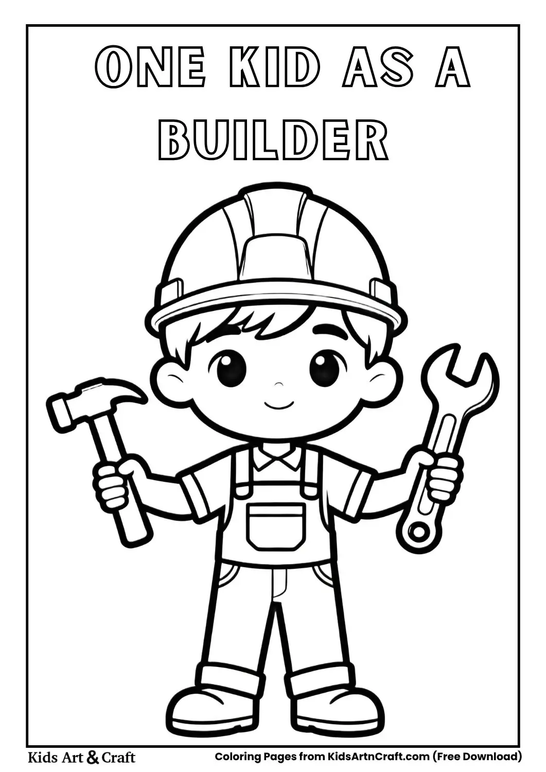 black and white coloring page of a child wearing a safety helmet and holding building tools