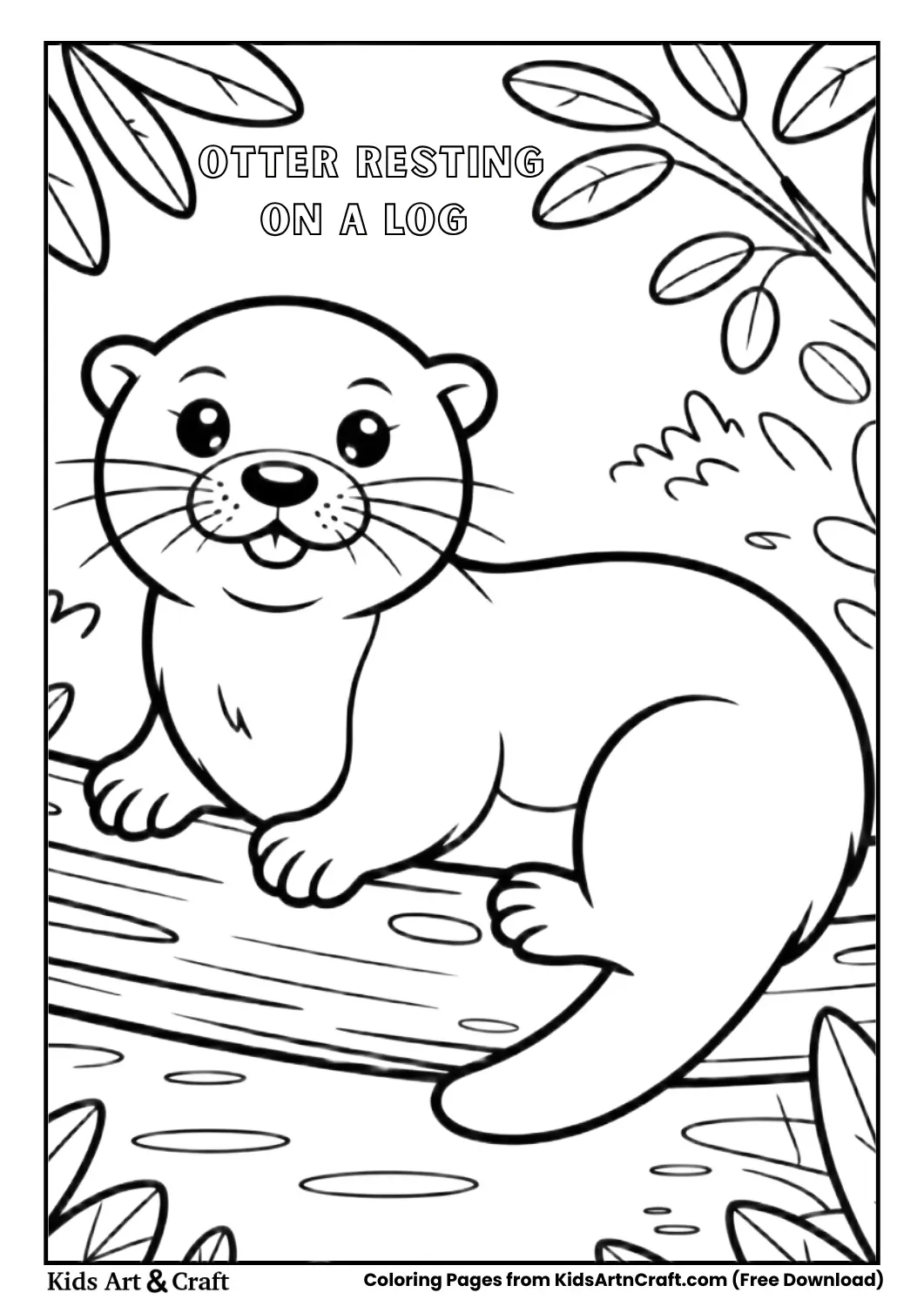 Otter lying on wooden log in forest simple coloring page.
