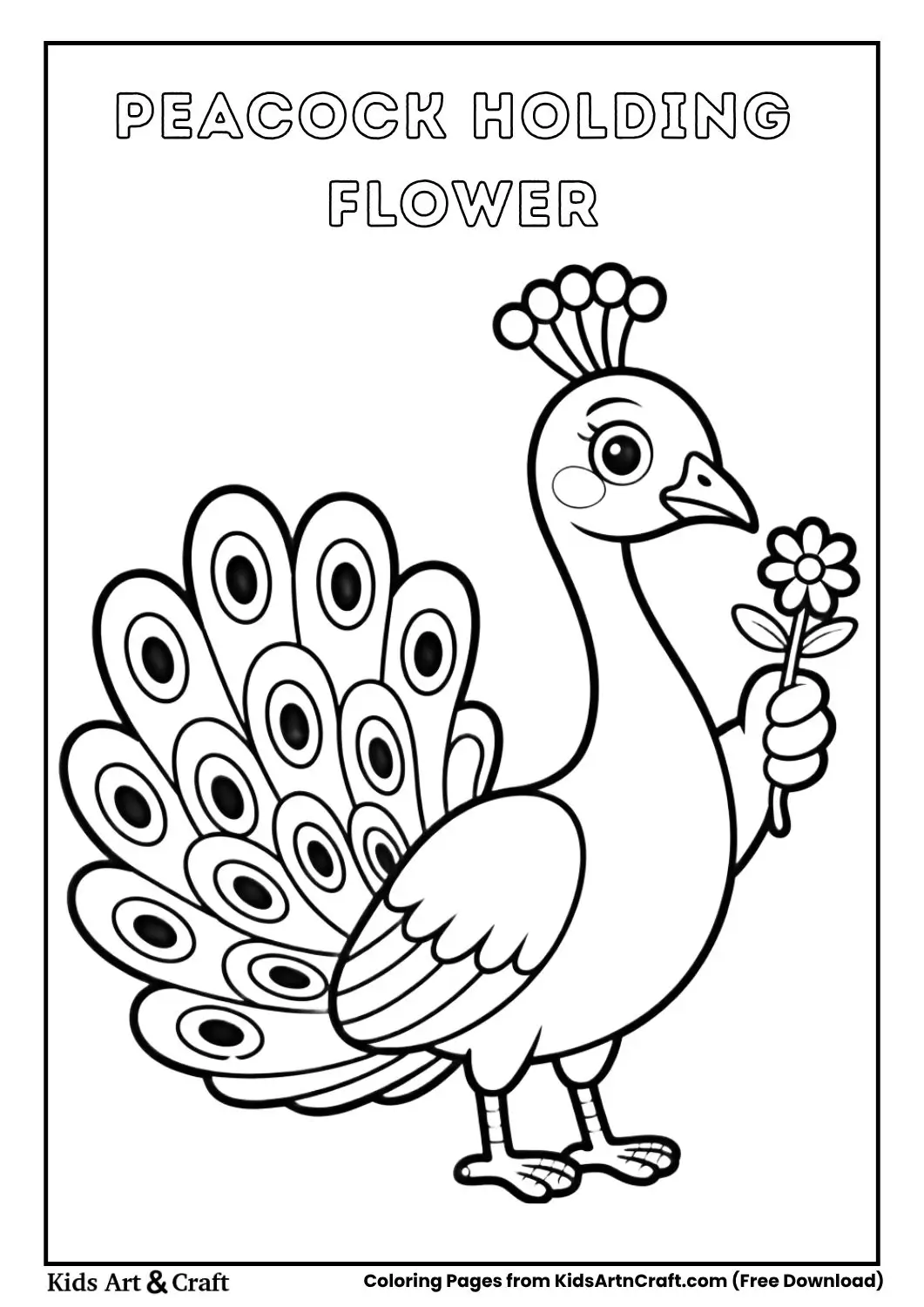Peacock holding a flower in beak coloring page