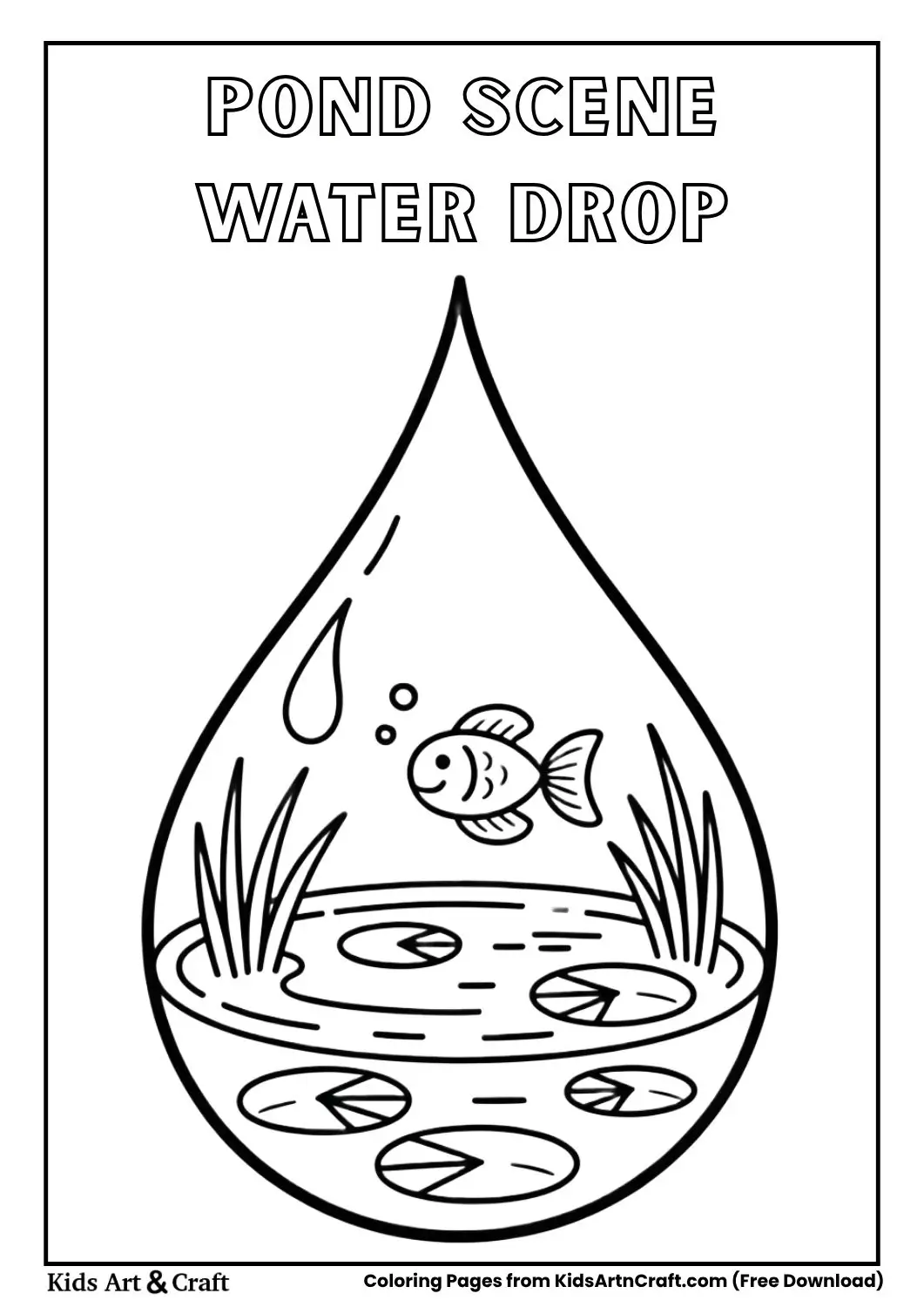 Small pond scene with fish and plants inside a water droplet coloring page