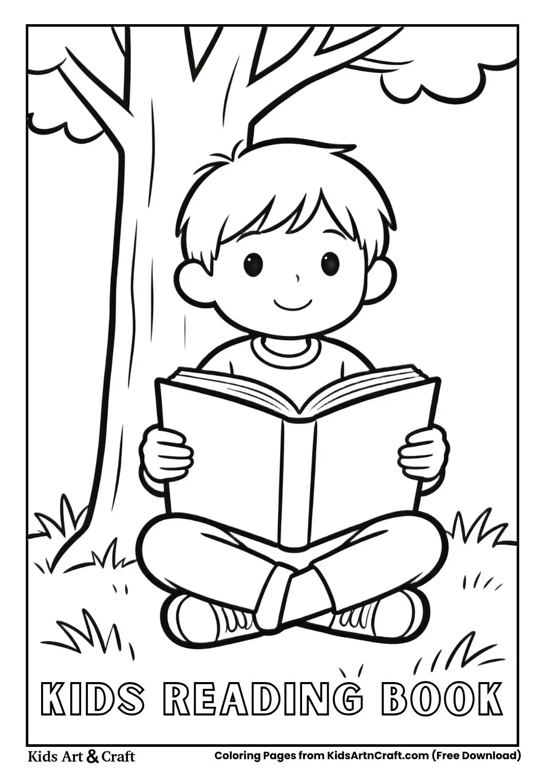 Black and white coloring page of a child reading under a tree