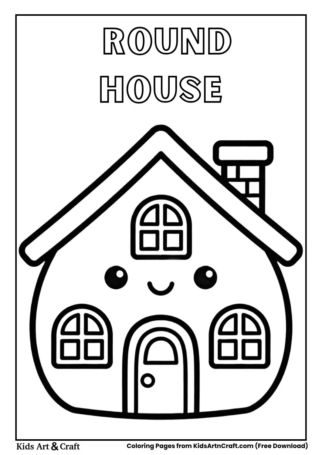 simple round house with smiling face black and white coloring page for children