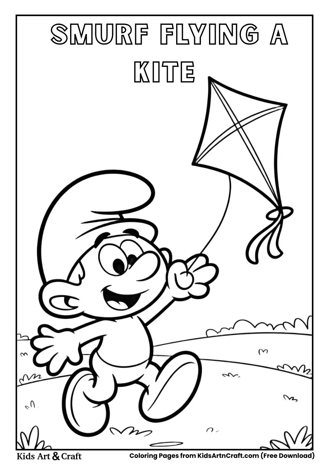smurf flying kite in open field black and white coloring page