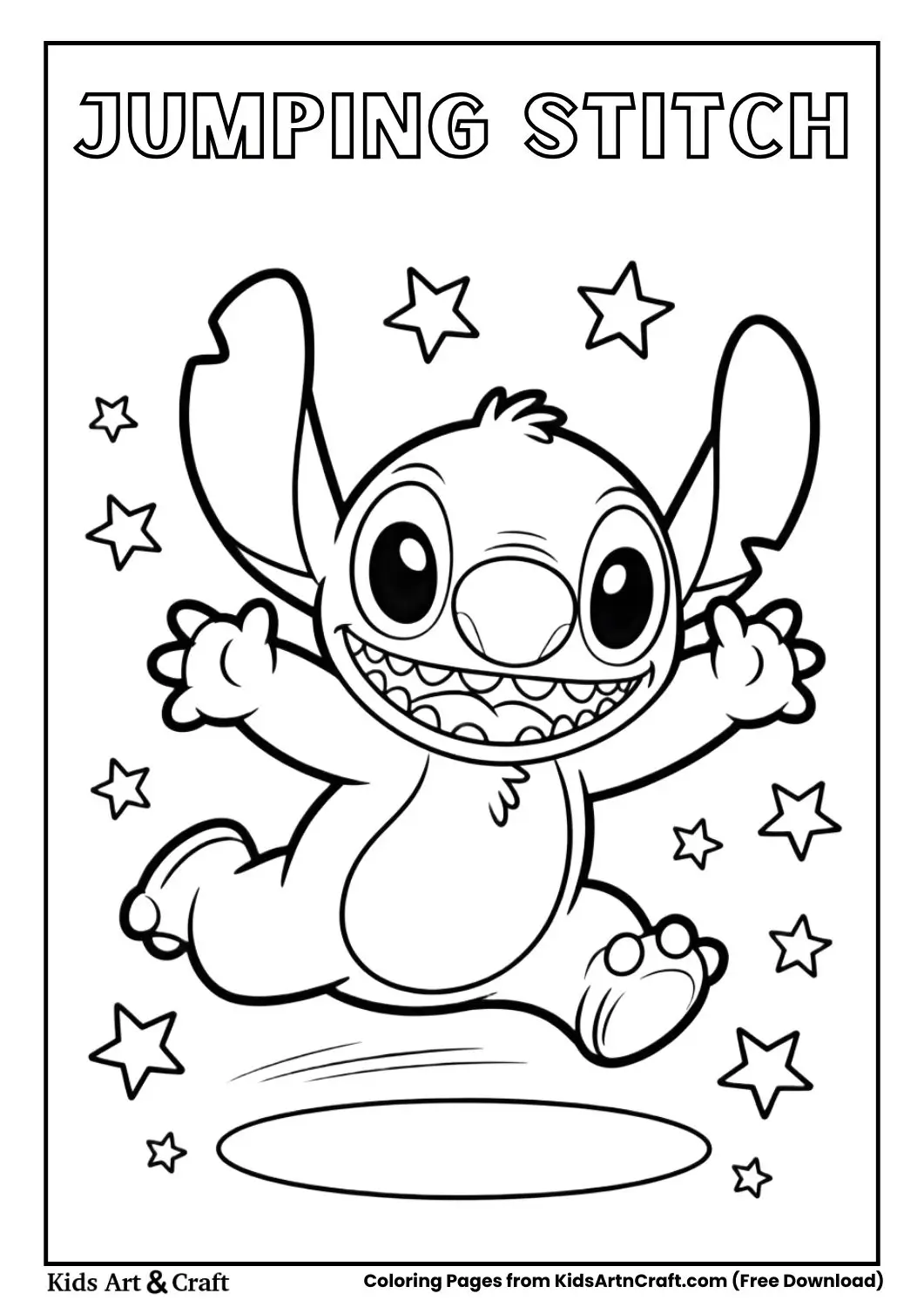 Stitch jumping with stars black and white coloring page for kids