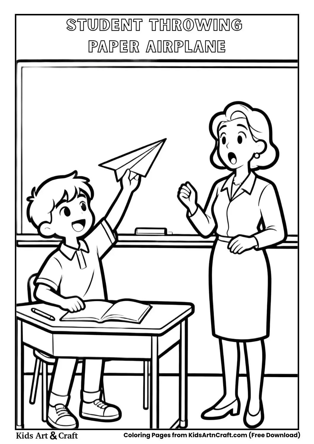 Kid throwing paper airplane in classroom coloring page