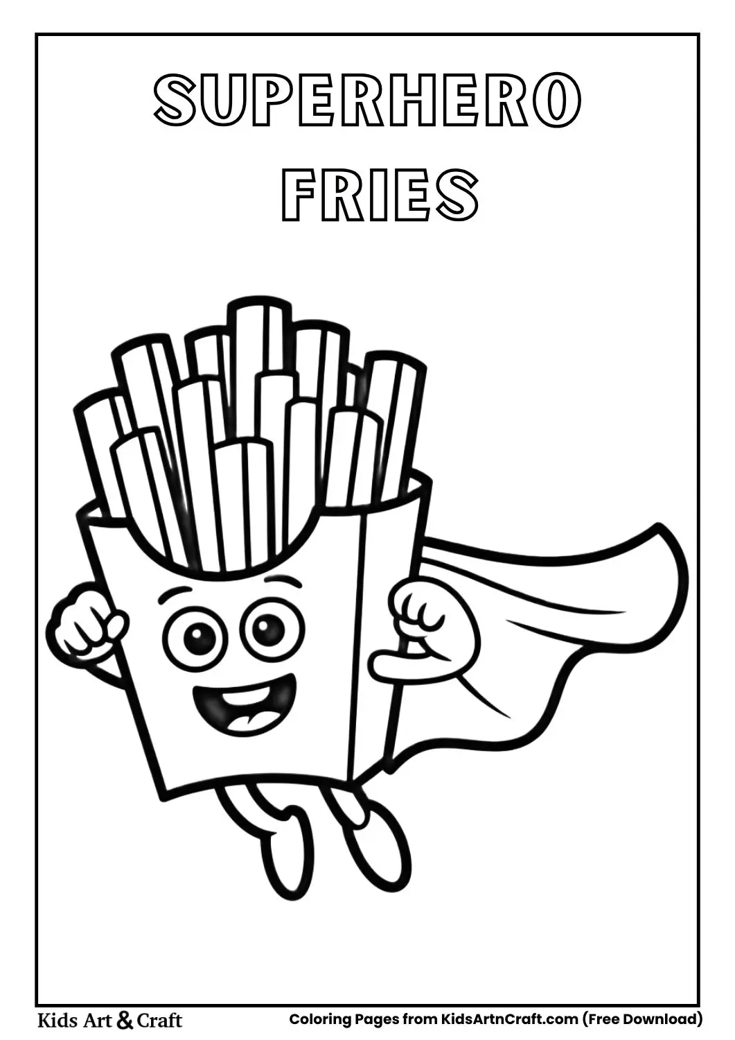 Cute fries box wearing superhero cape coloring page