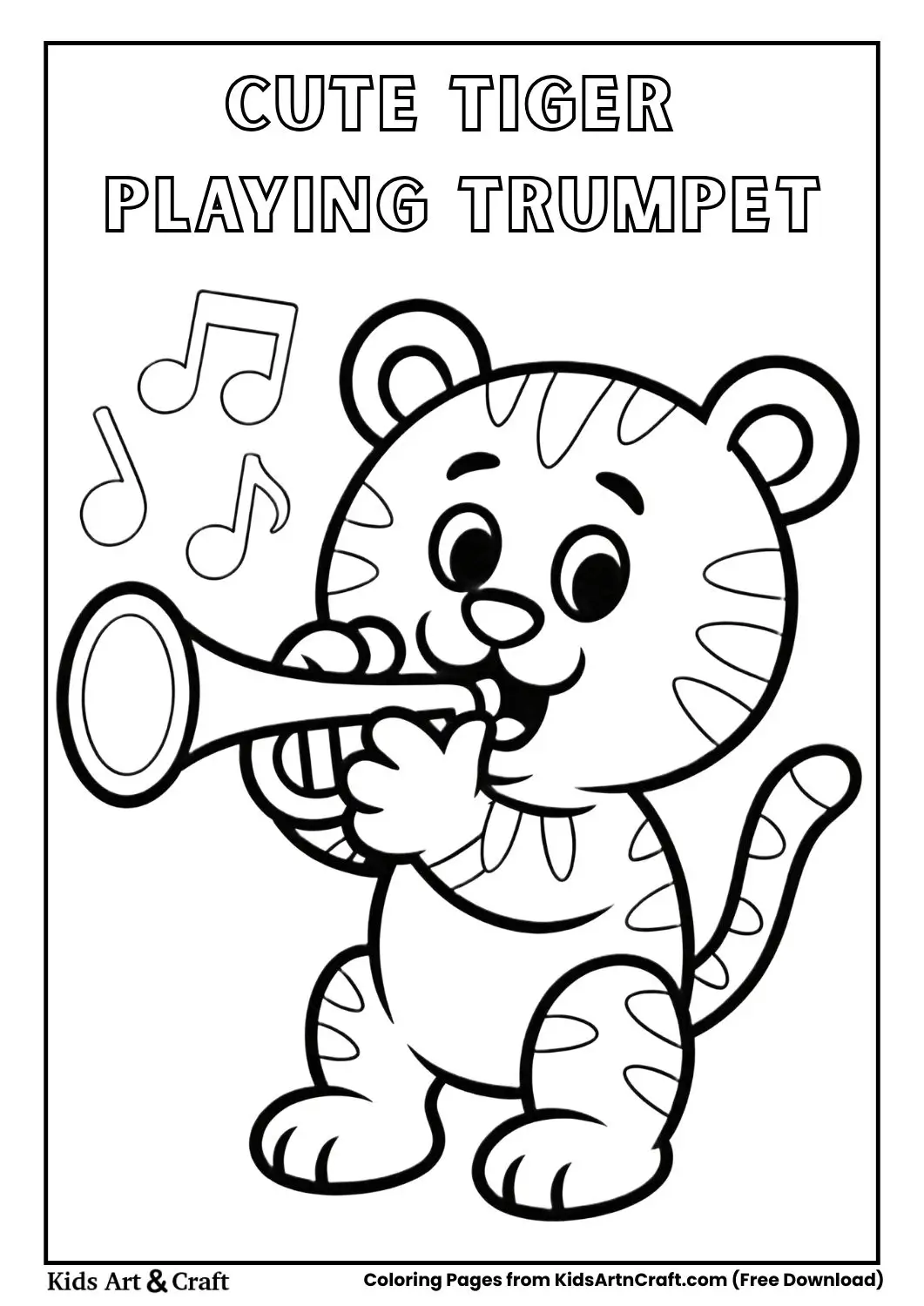 Black and white coloring page of a smiling tiger blowing a trumpet with musical notes.