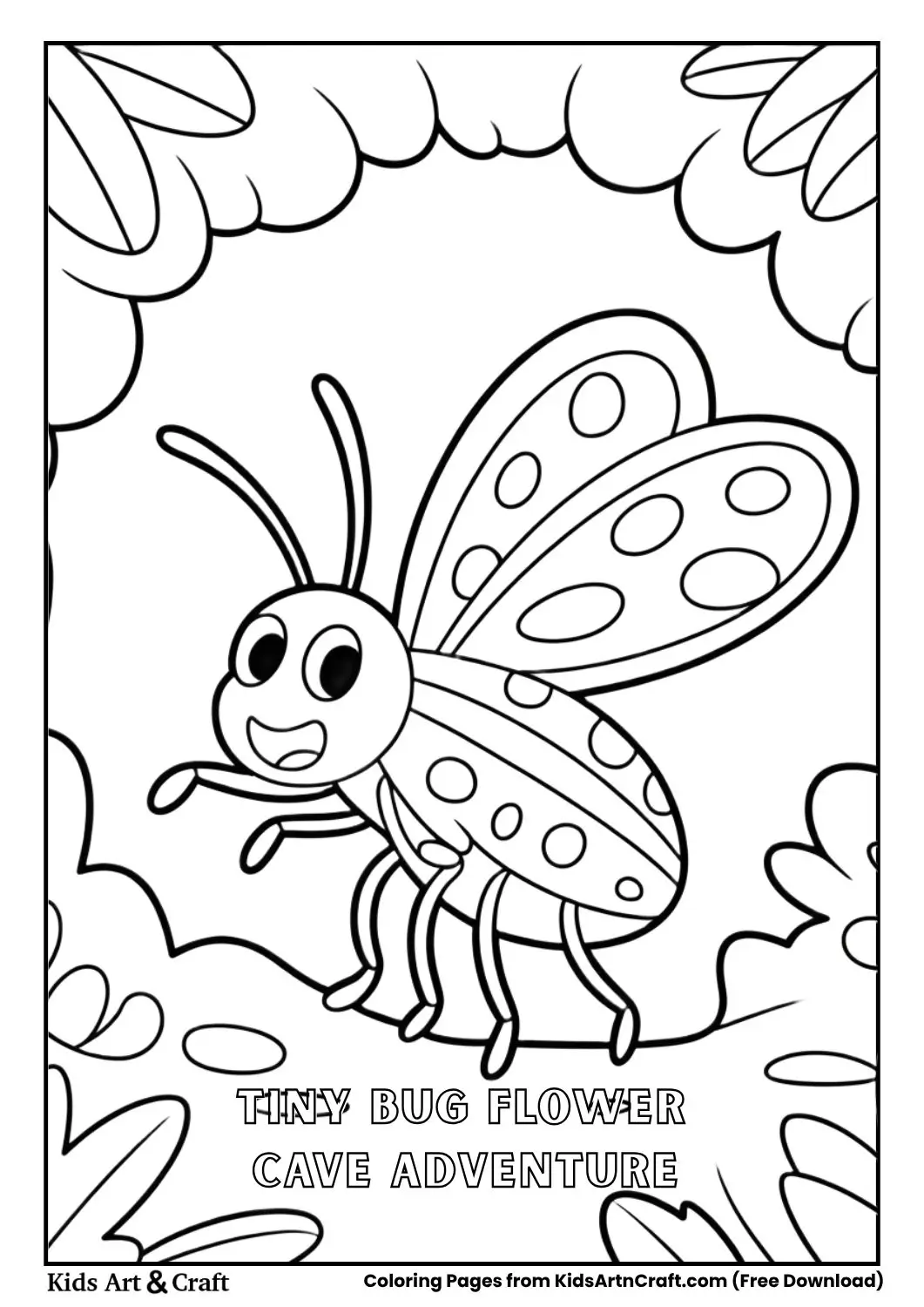 Small bug exploring a flower cave black and white coloring page for kids