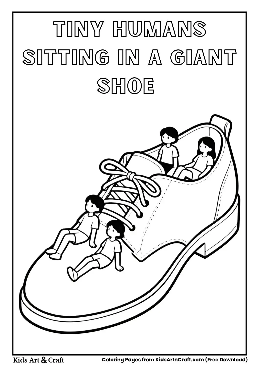 Tiny humans sitting inside a giant shoe coloring page