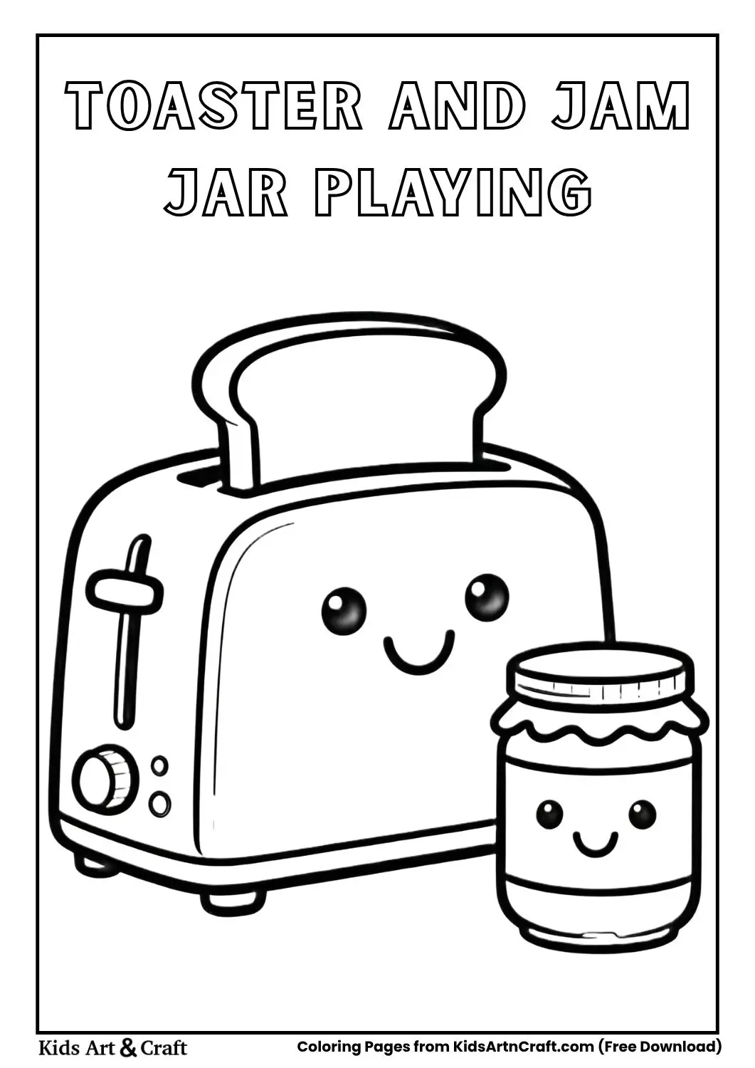 Toaster and jam jar playing together simple black and white kids coloring page