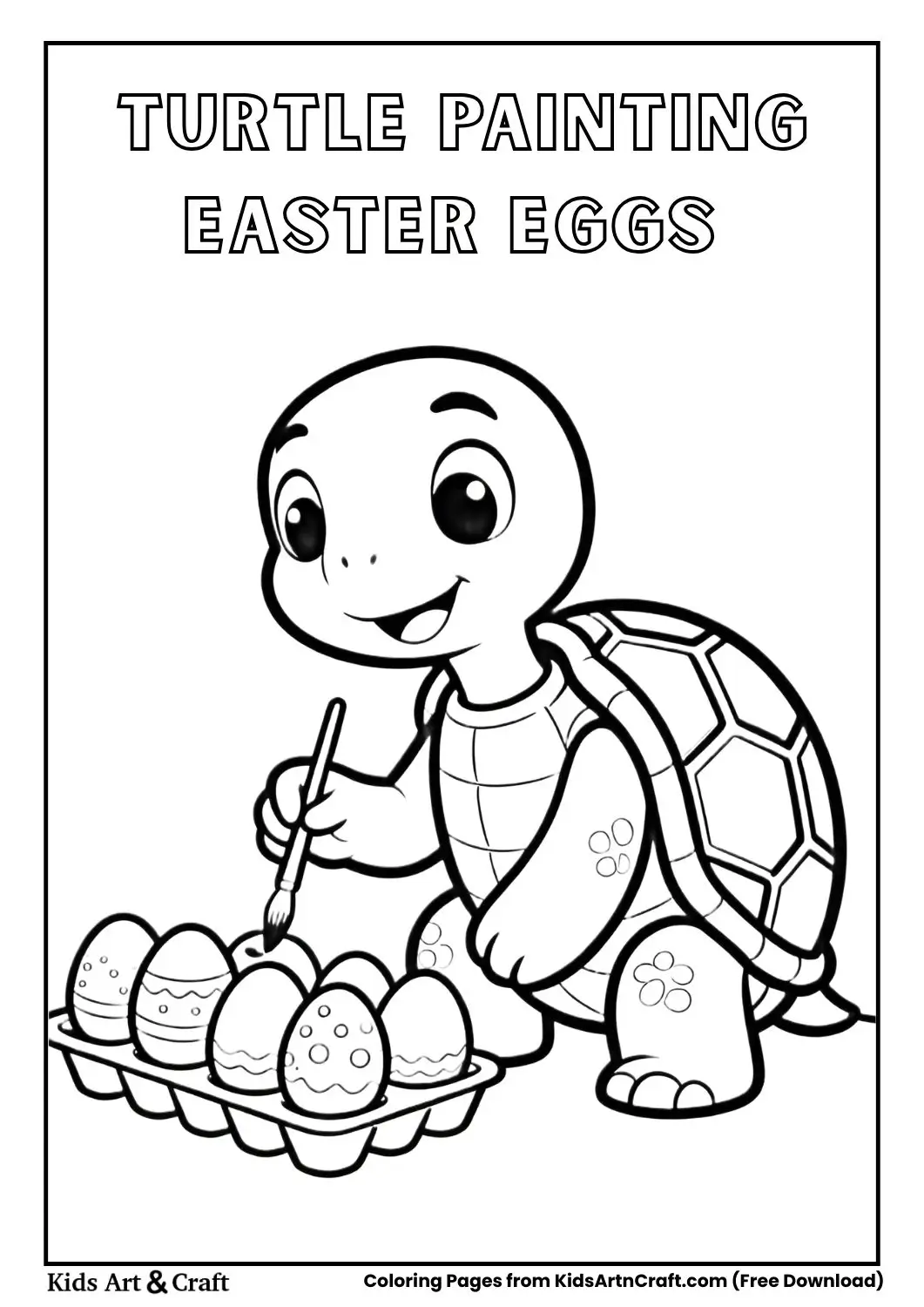 cartoon turtle painting easter eggs black and white kids coloring page