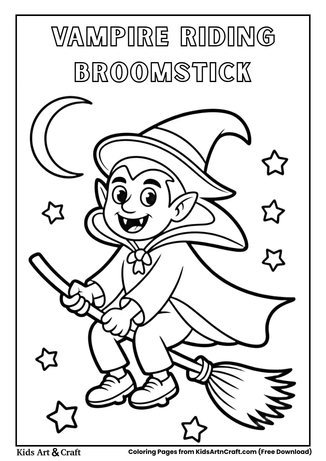 Cute vampire riding broomstick Halloween coloring page