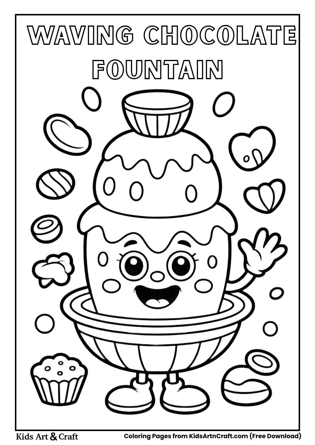 Cute waving chocolate fountain character coloring page for kids