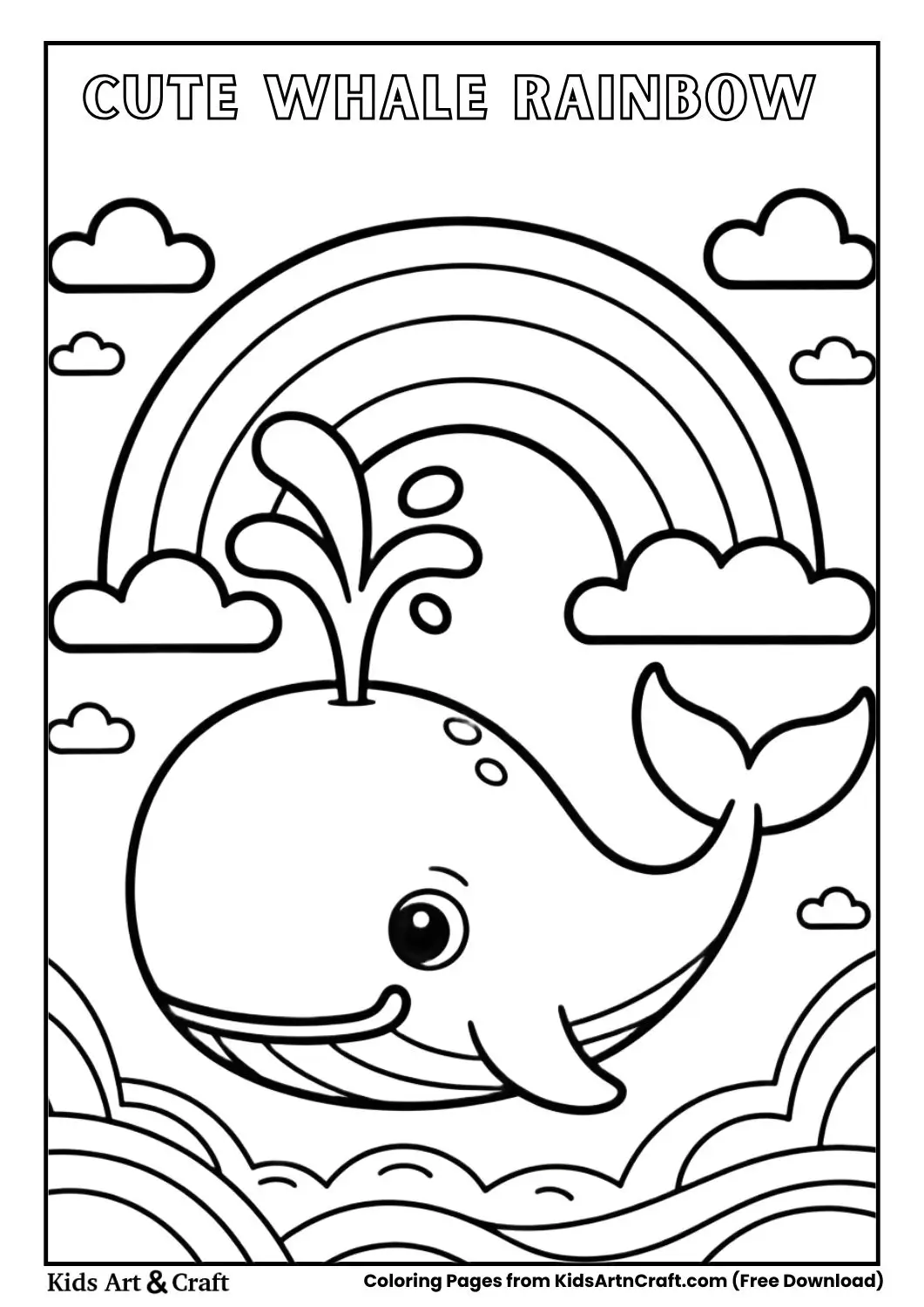 black and white coloring page of a whale spraying water forming a rainbow