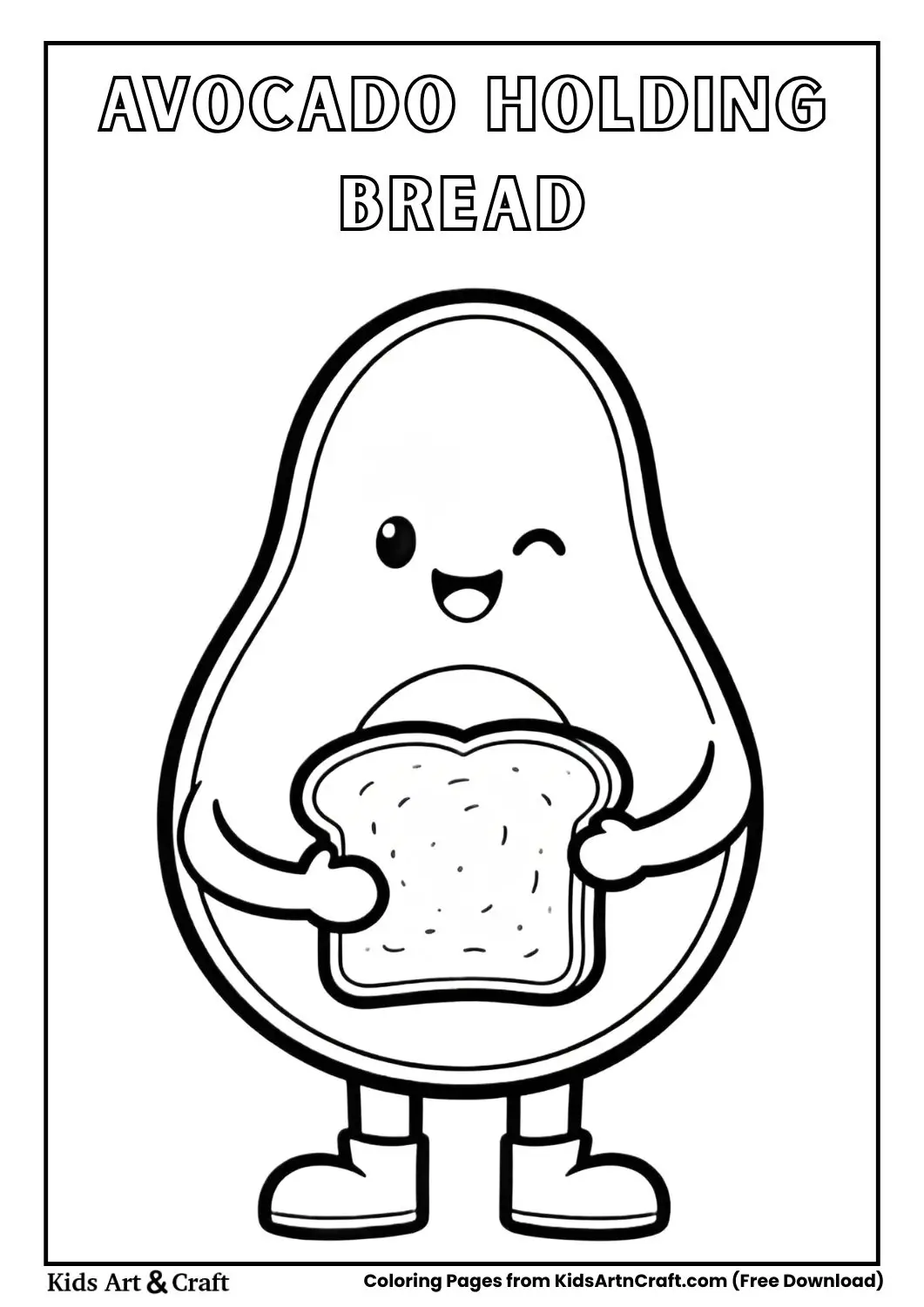 Cute avocado holding slice of bread cartoon coloring page