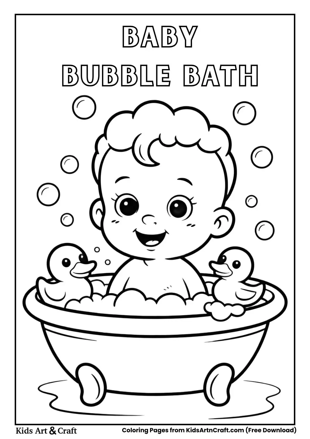 Baby enjoying bubble bath with rubber duck toys coloring page