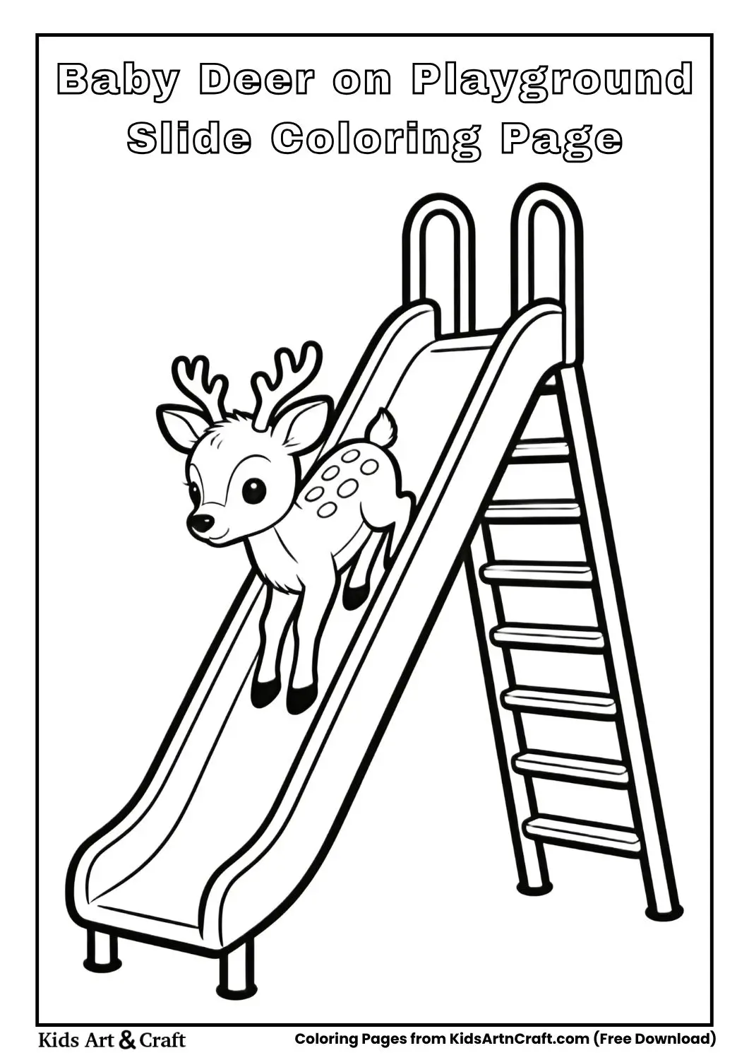 Baby deer sliding down straight playground slide outline