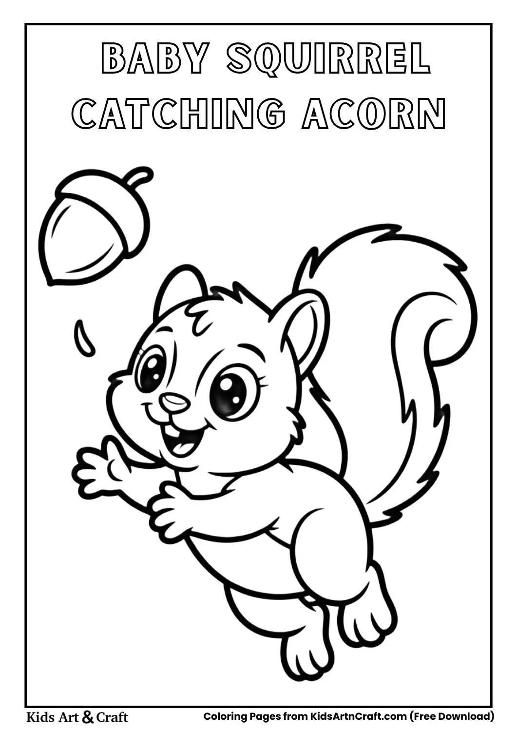 baby squirrel jumping to catch falling acorn coloring page