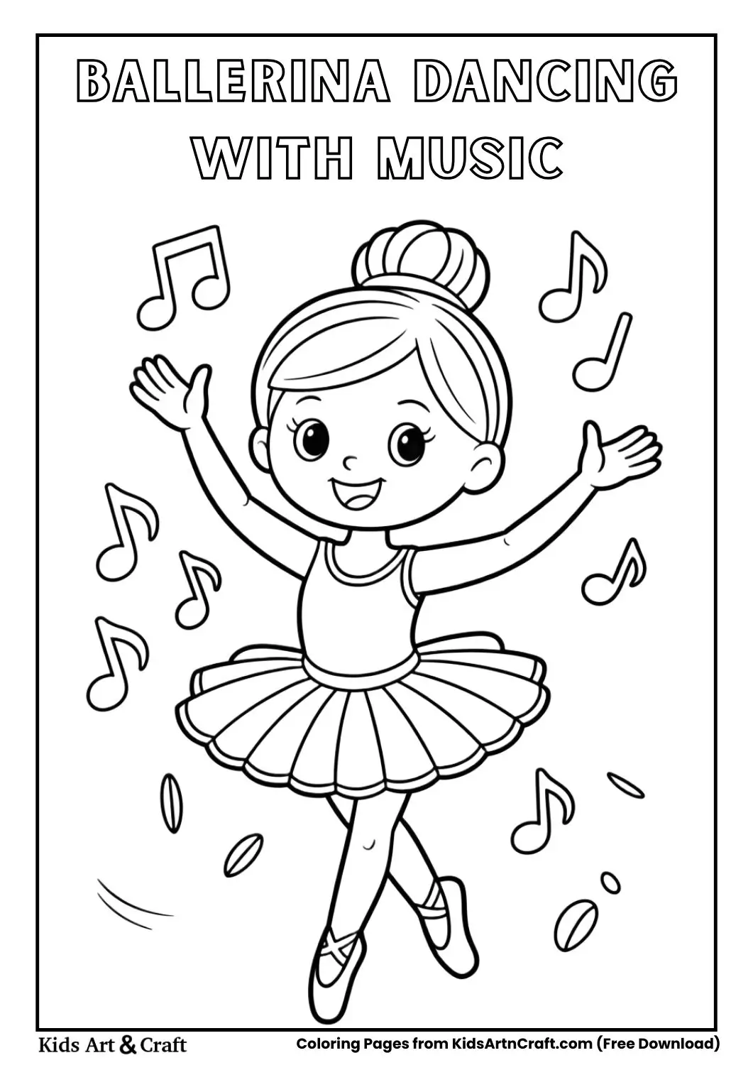 Ballerina dancing with musical notes around her wearing tutu coloring page