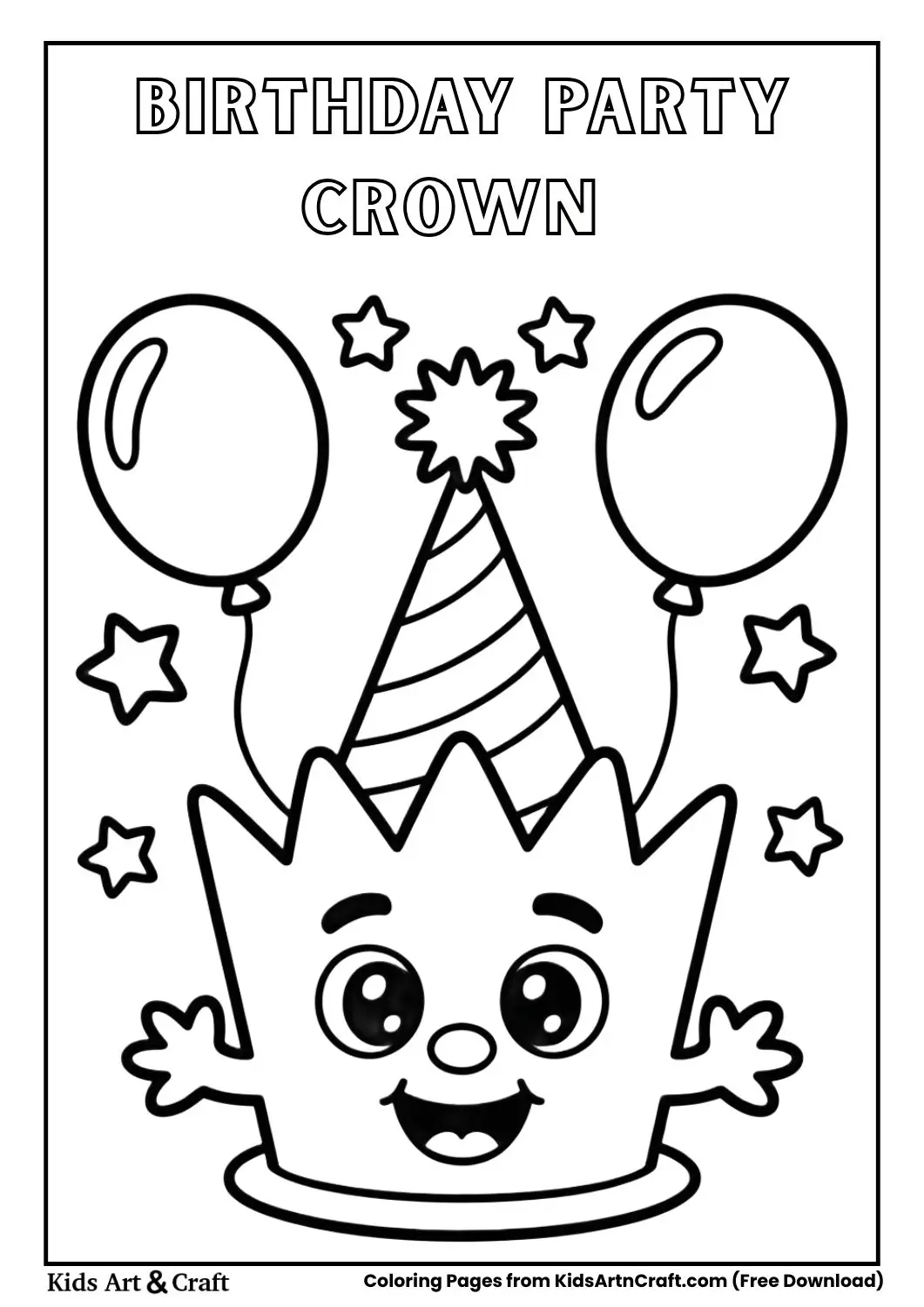 birthday crown with balloons and stars black and white coloring page