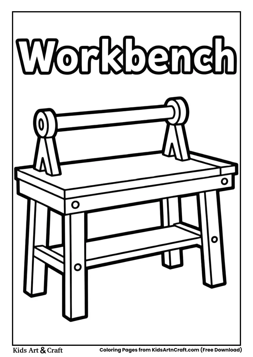 simple carpenter workbench coloring page with workbench label above