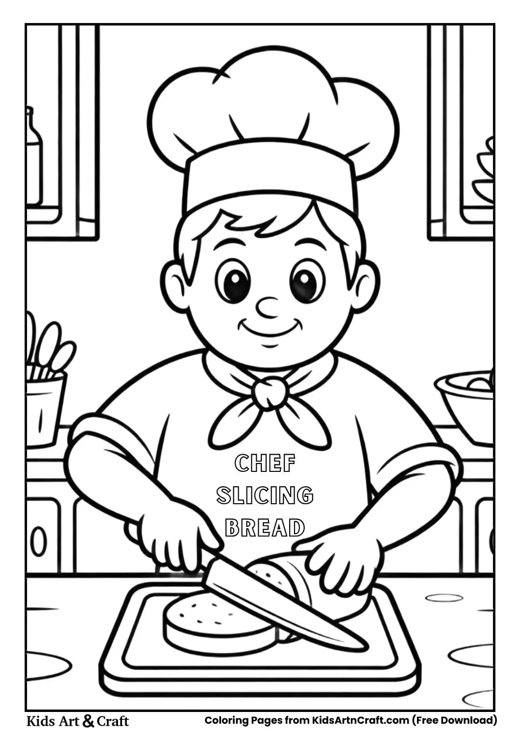 cartoon chef slicing bread on cutting board coloring page