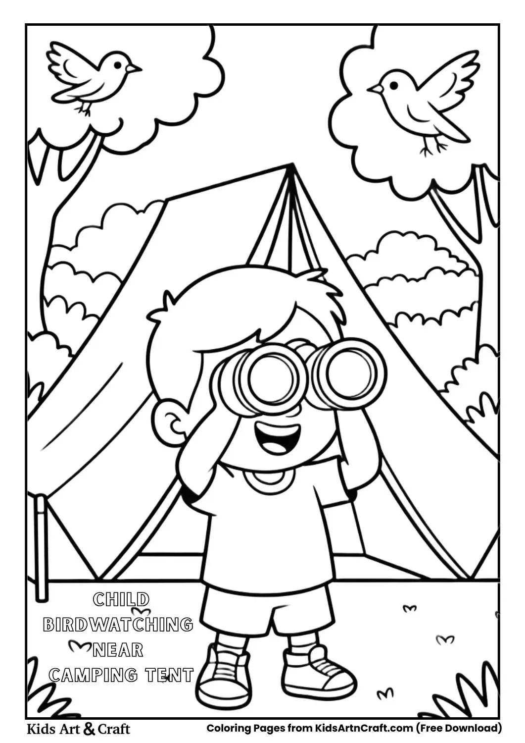 child using binoculars near camping tent coloring page