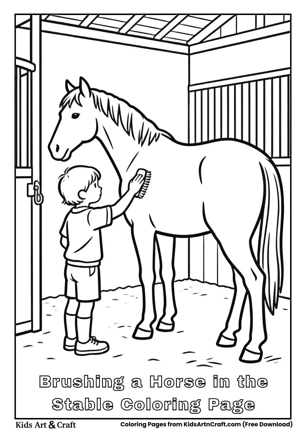 Black and white coloring page of a child brushing a horse inside a stable.