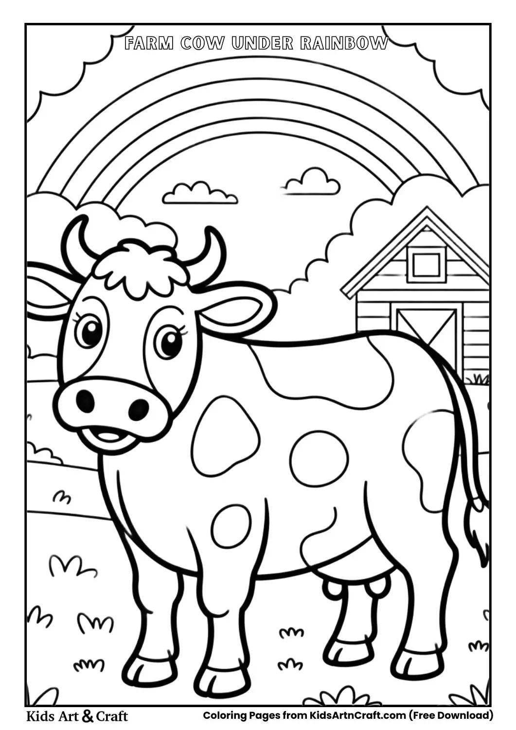 black and white coloring page of a cow in a field with a rainbow above