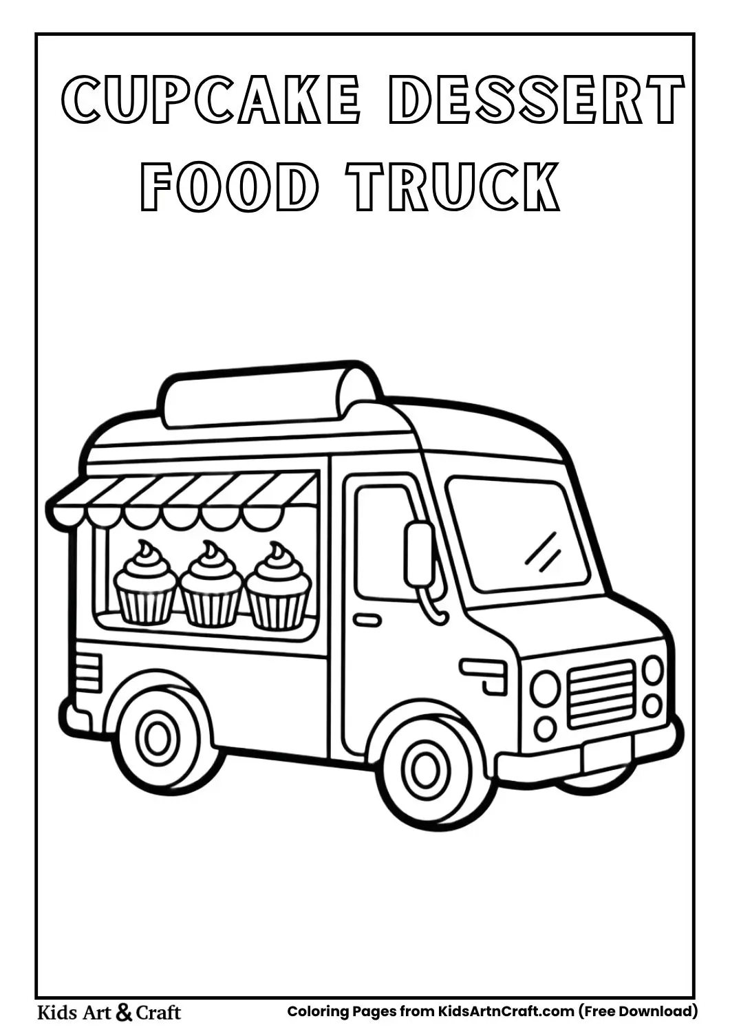 cupcake dessert truck with cupcakes in window black and white coloring page