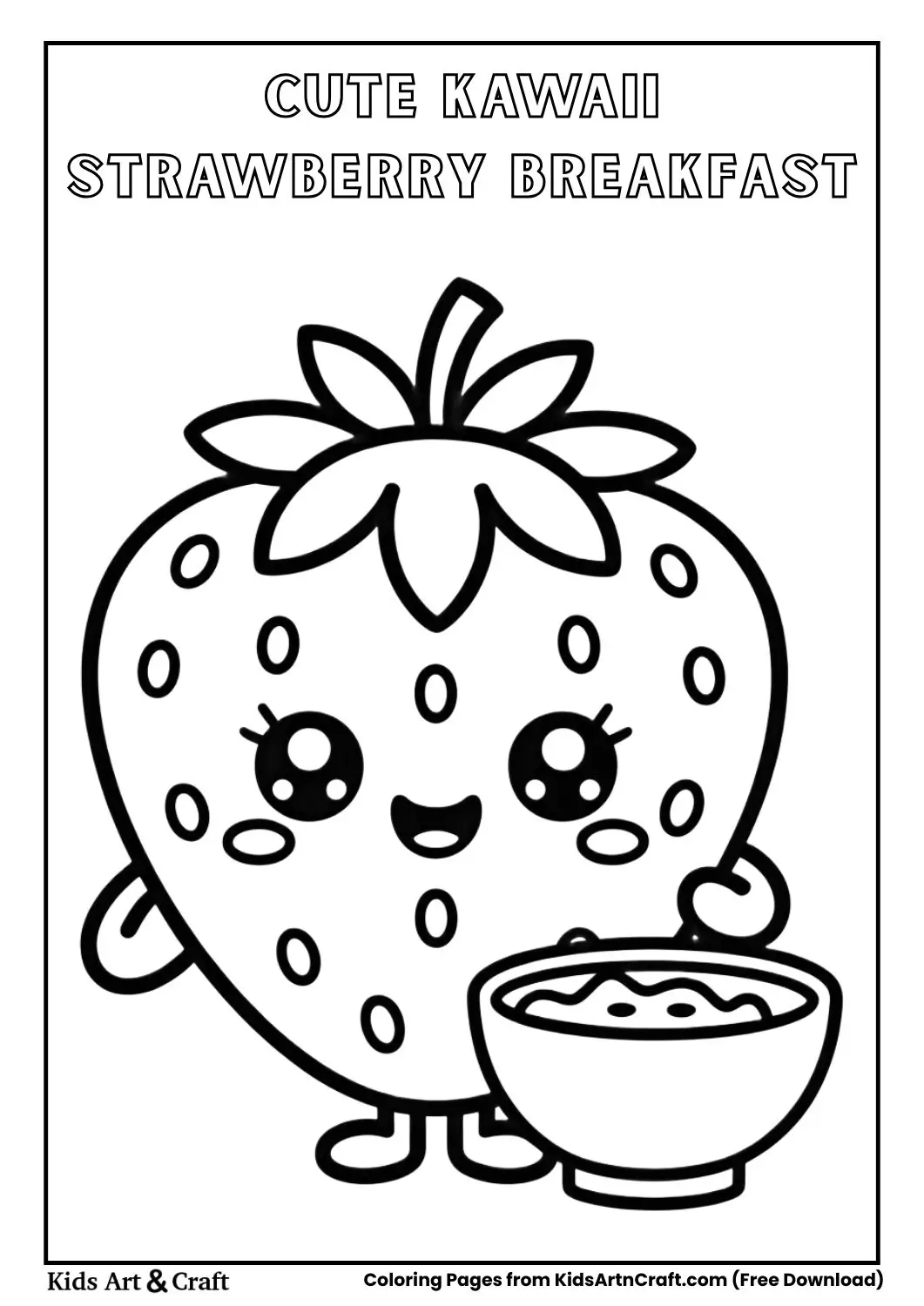 Cute strawberry with kawaii face beside breakfast bowl black and white coloring page
