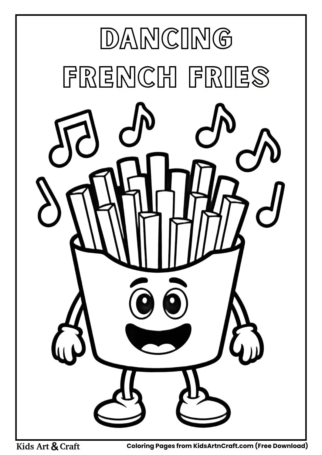 Cartoon fries dancing with music notes coloring page