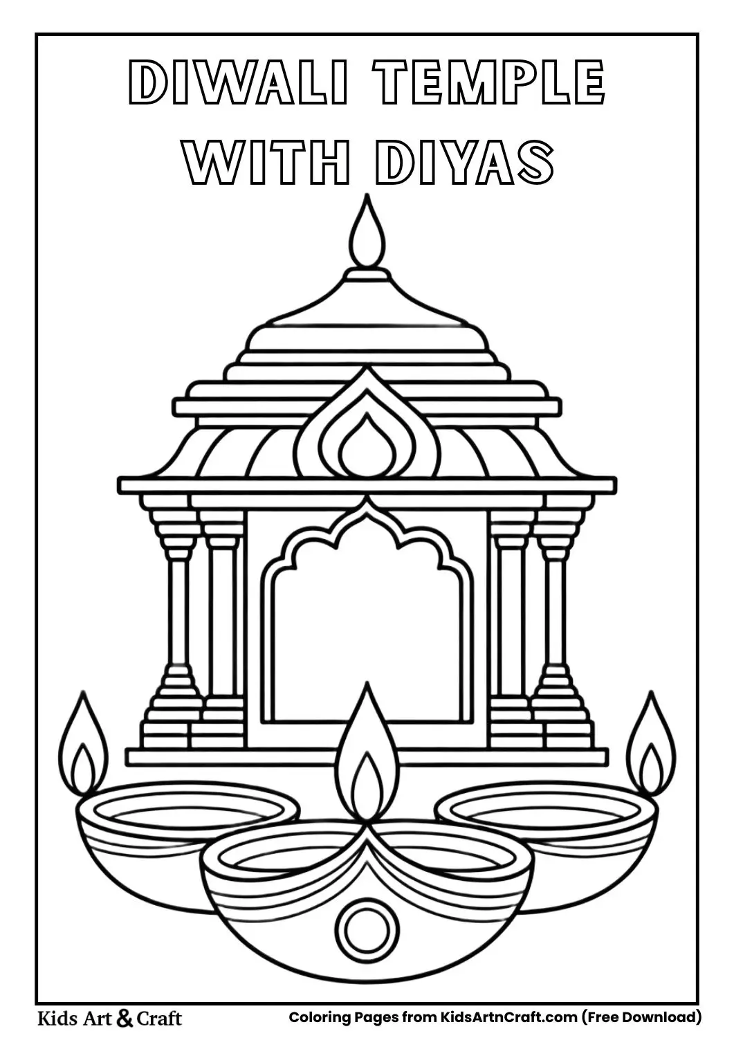temple with diyas in front black and white coloring page
