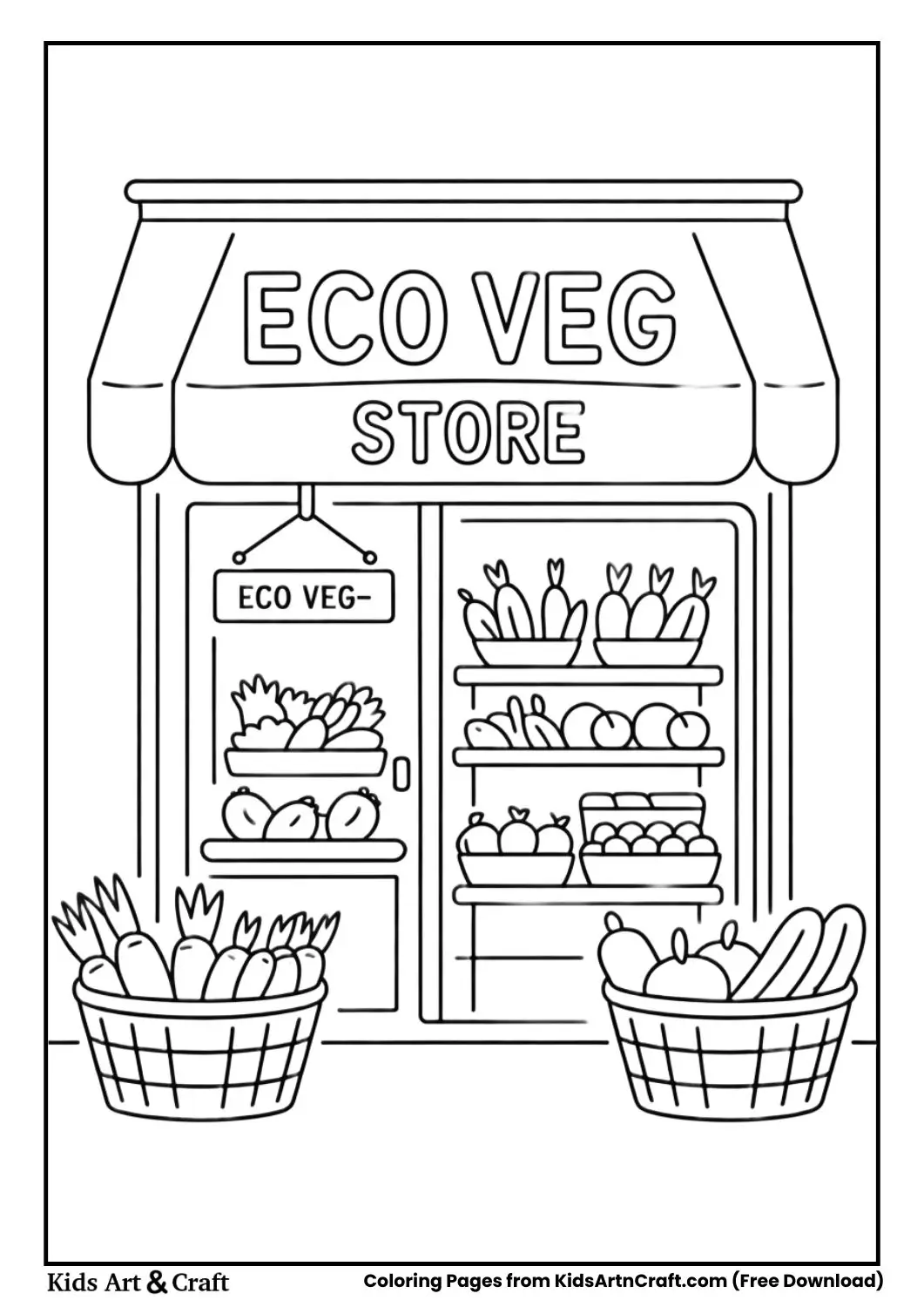 Eco Veg Store bamboo basket vegetable shop coloring page
