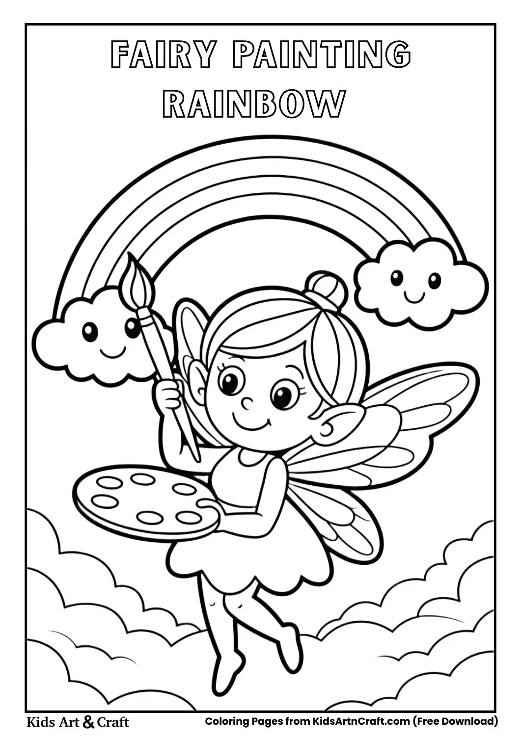 Fairy painting a rainbow in the sky coloring page