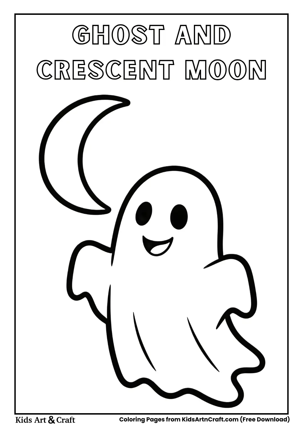 Cute ghost near crescent moon, simple Halloween coloring page